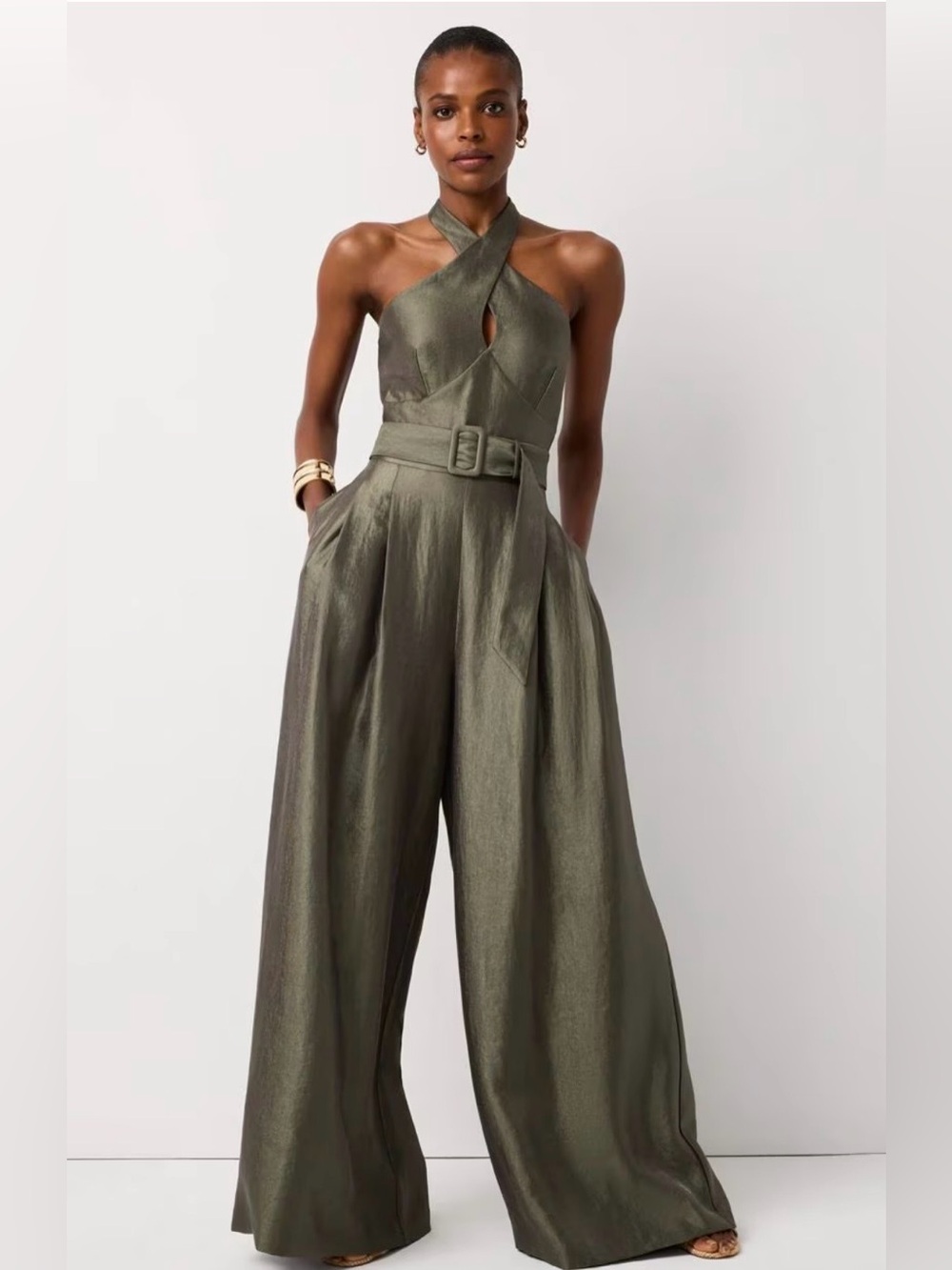 Olive Halter Wide-Leg Jumpsuit with Belt - White House Black Market